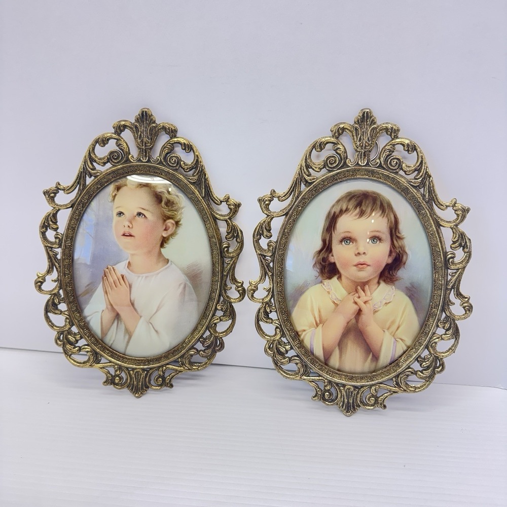2 Vtg Praying Children Ornate Metal Frame Convex Bubble Glass Filigree Religious